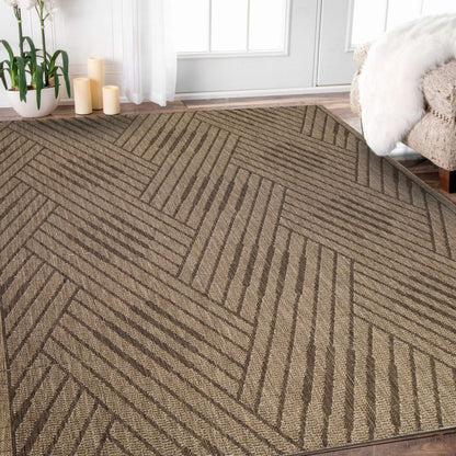 Patterned rug on a wooden floor with decorative elements in the background