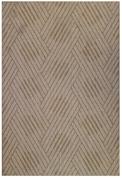 Beige area rug with a geometric pattern on a white background
