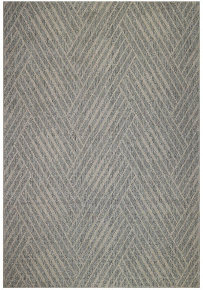 Gray and beige geometric patterned rug on a white background