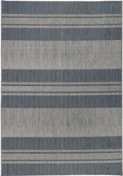 Striped blue and gray rug on a white background