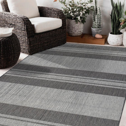 Gray striped rug in a room with wicker chair and plants