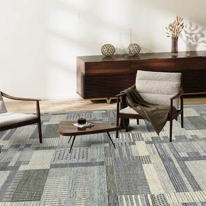 Modern office interior with patterned carpet, wooden furniture, and decorative elements.