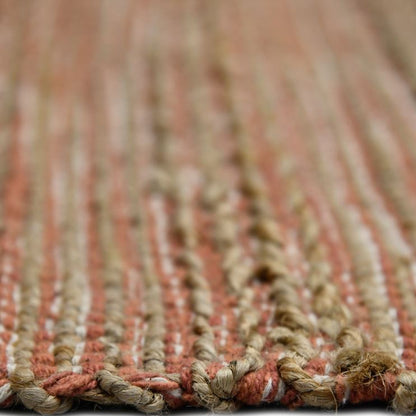Close-up of a textured rug with a striped pattern on a white background