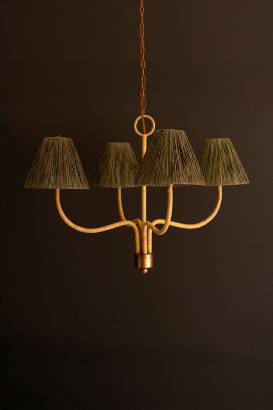 Rattan-Wrapped Chandelier with Raffia Shades