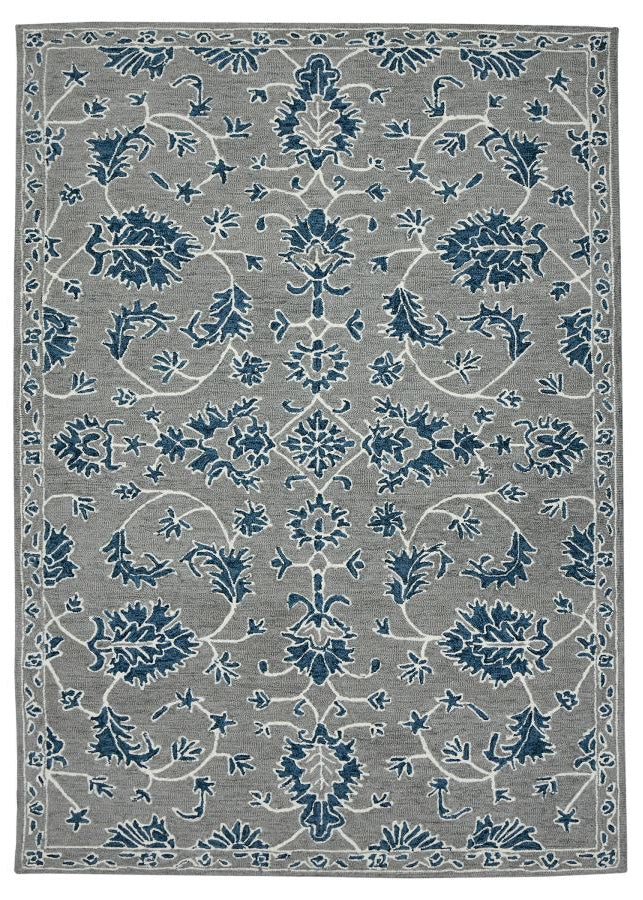 Decorative rug with blue floral pattern on gray background