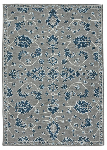 Decorative rug with blue floral pattern on gray background