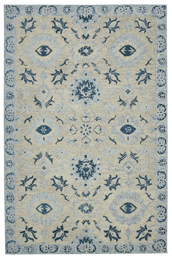 Decorative rug with blue and beige pattern on a white background