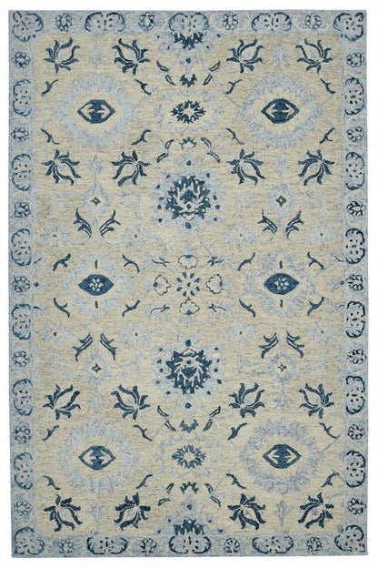 Decorative rug with blue and beige pattern on a white background