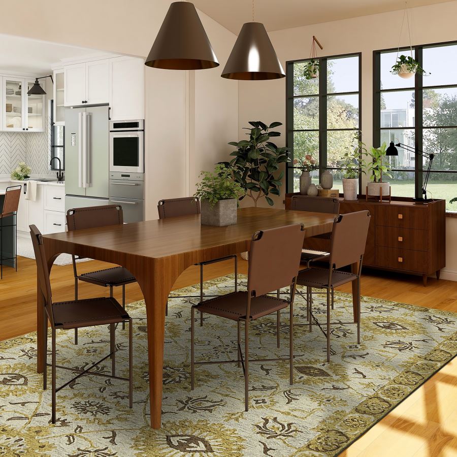 Dining area with wooden table and chairs in a well-lit room.