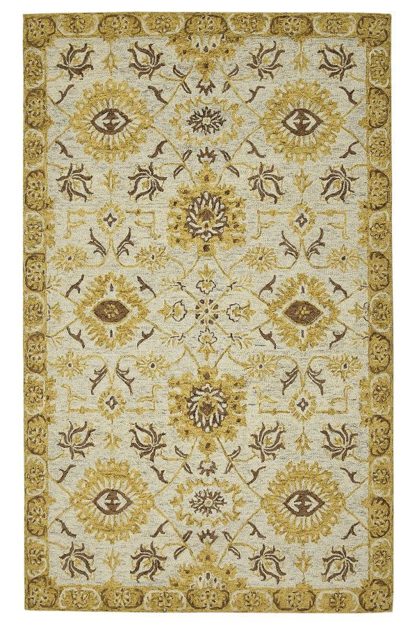 Decorative rug with intricate gold and brown pattern on a white background