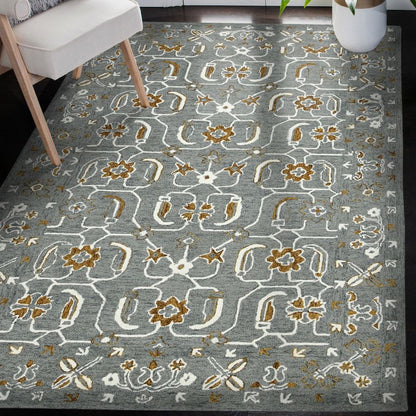 Decorative rug with floral pattern on a dark floor