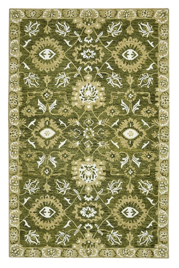 Decorative green rug with intricate patterns on a white background