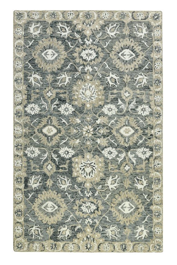 Decorative rug with floral and geometric pattern on a white background
