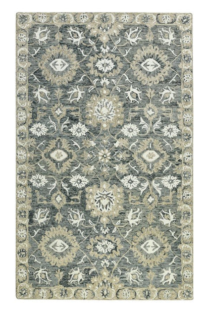 Decorative rug with floral and geometric pattern on a white background