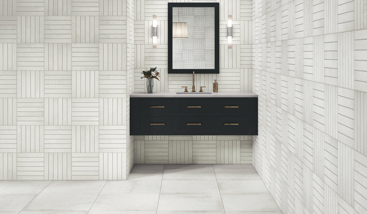 Bathroom with a black vanity and mirror against a white tiled wall.