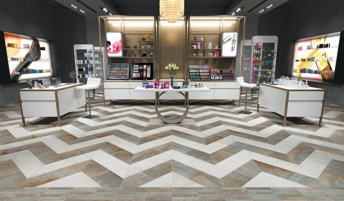 Modern store interior with a geometric patterned floor.