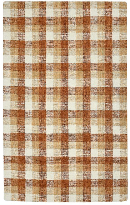 Checkered rug with brown and beige pattern on a white background
