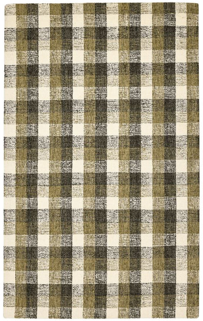Plaid patterned rug with green, beige, and white colors on a white background