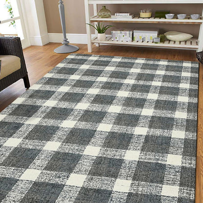 Checkered area rug in a room with wooden flooring and a shelf.