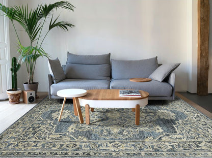 Living room with a gray sofa, wooden coffee table, and patterned rug.