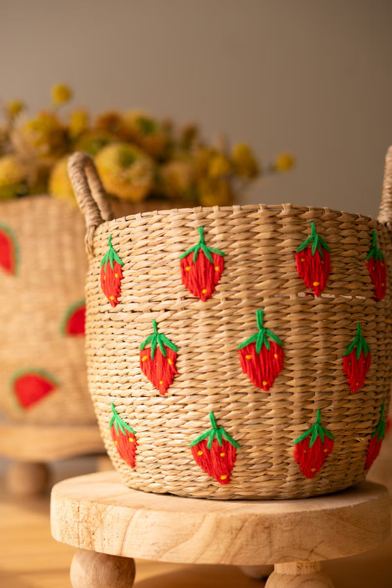 Seagrass Baskets with Embroidered Fruit