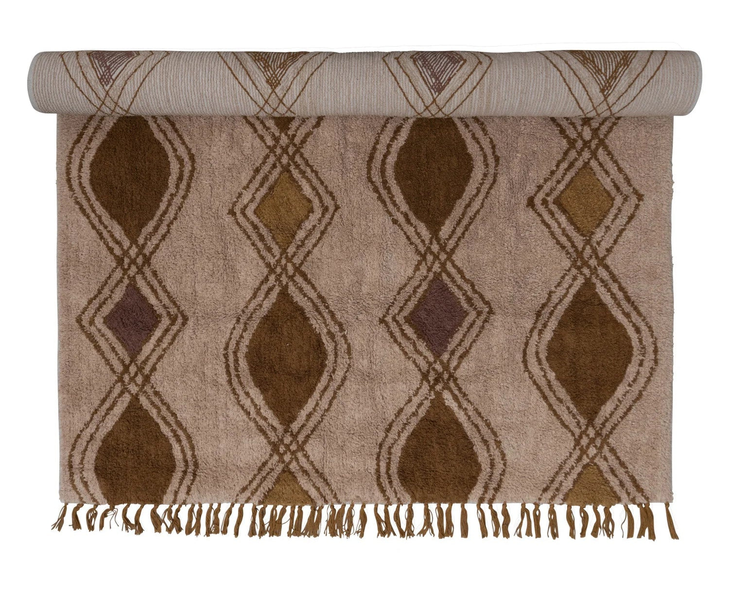 Woven rug with geometric pattern on a white background
