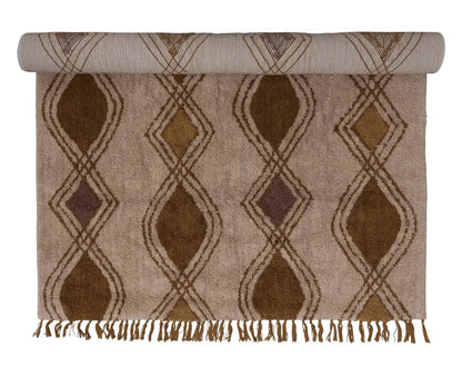 Woven rug with geometric pattern on a white background