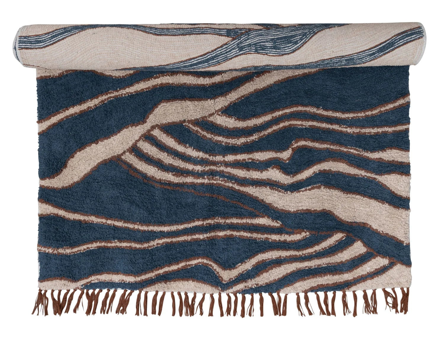Rug with blue and beige wavy pattern on a white background
