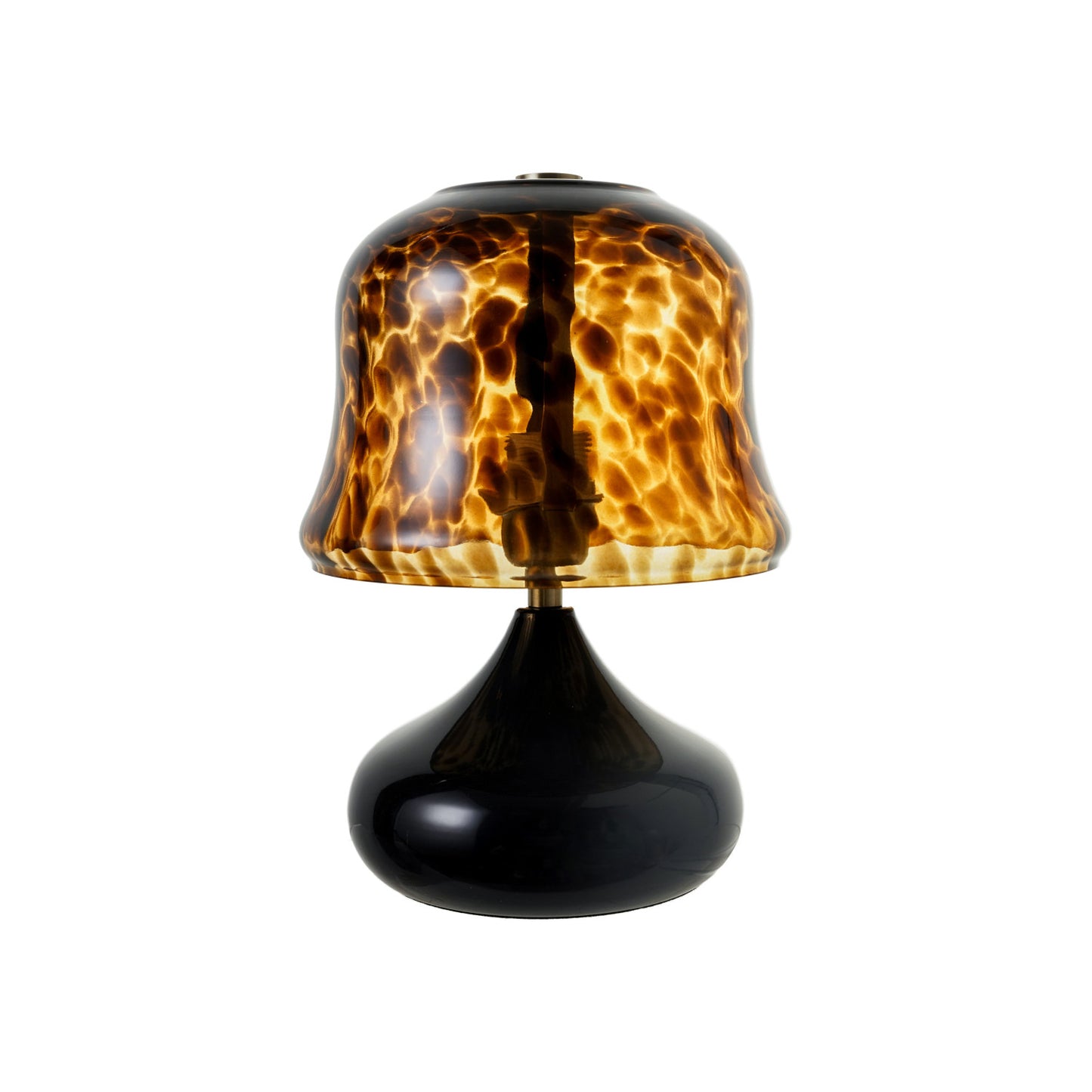 Table lamp with a tortoiseshell-patterned shade on a black base against a white background
