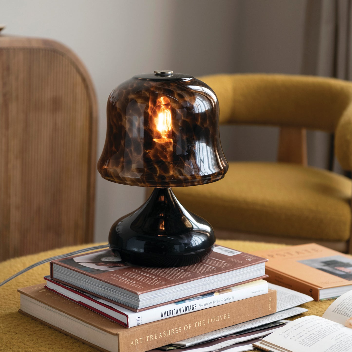 A black and brown tortoise glass table lamp sitting on a stack of books