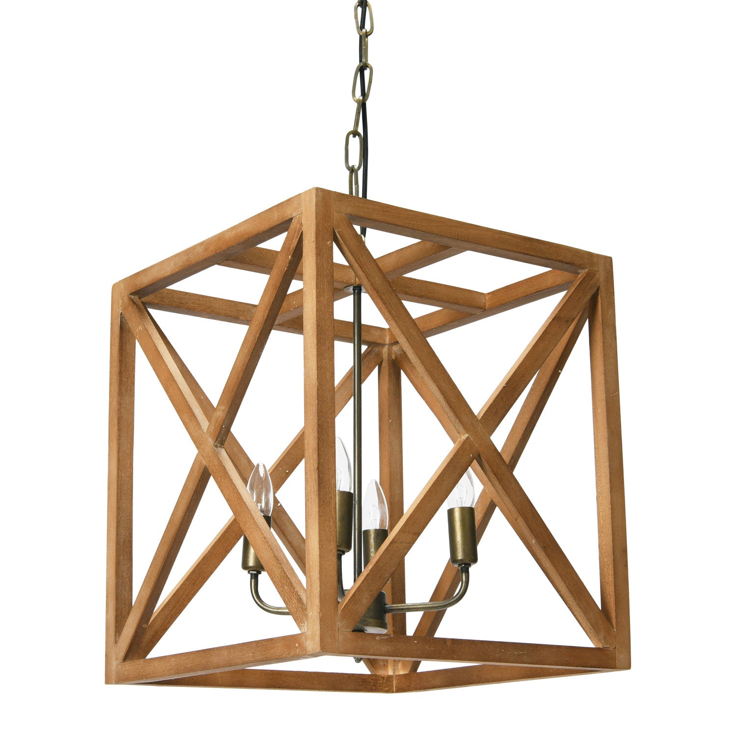 Wooden geometric pendant light on a white background