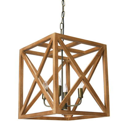 Wooden geometric pendant light on a white background