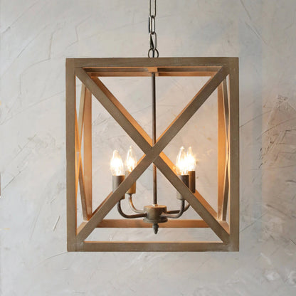 Wooden pendant light fixture with three lights on a textured wall background