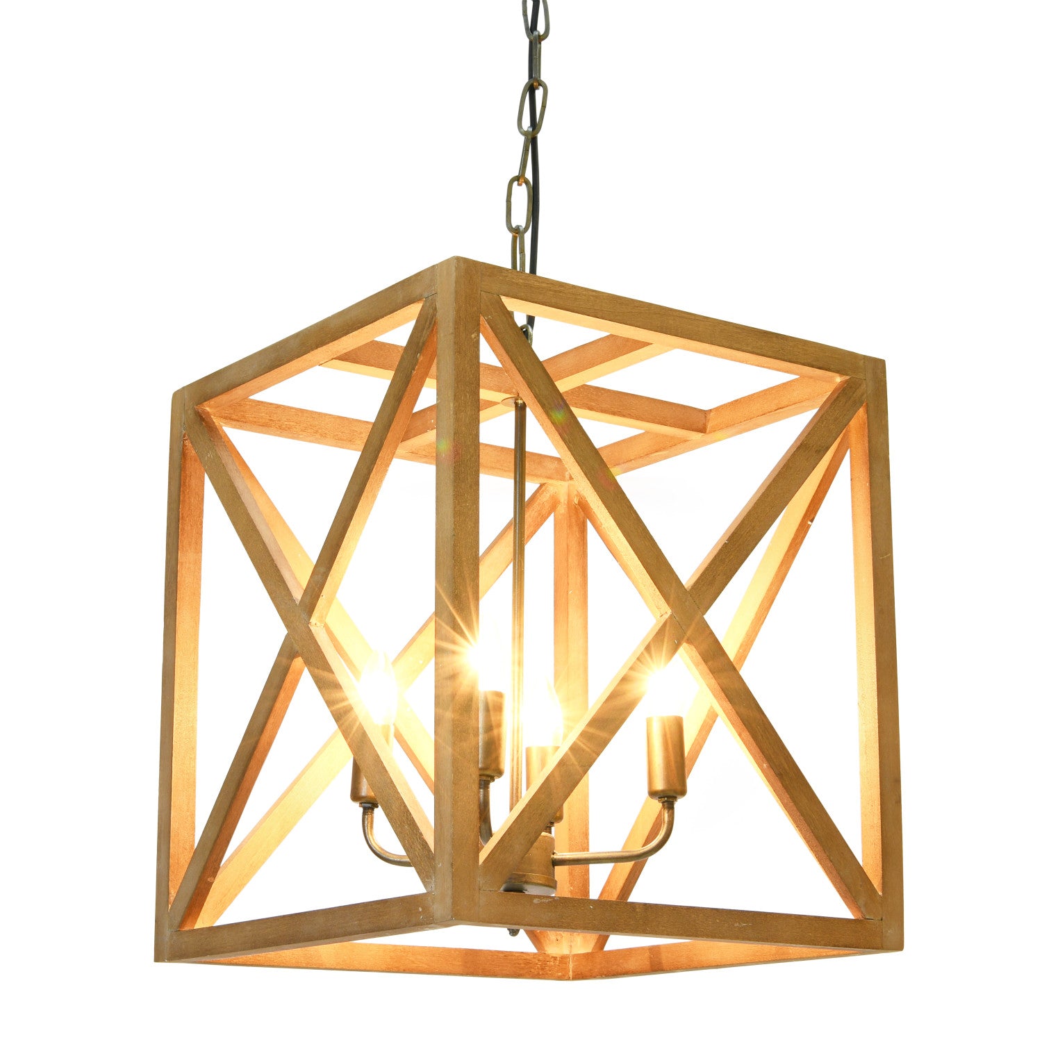 Geometric wooden pendant light on a white background