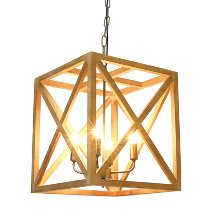 Geometric wooden pendant light on a white background