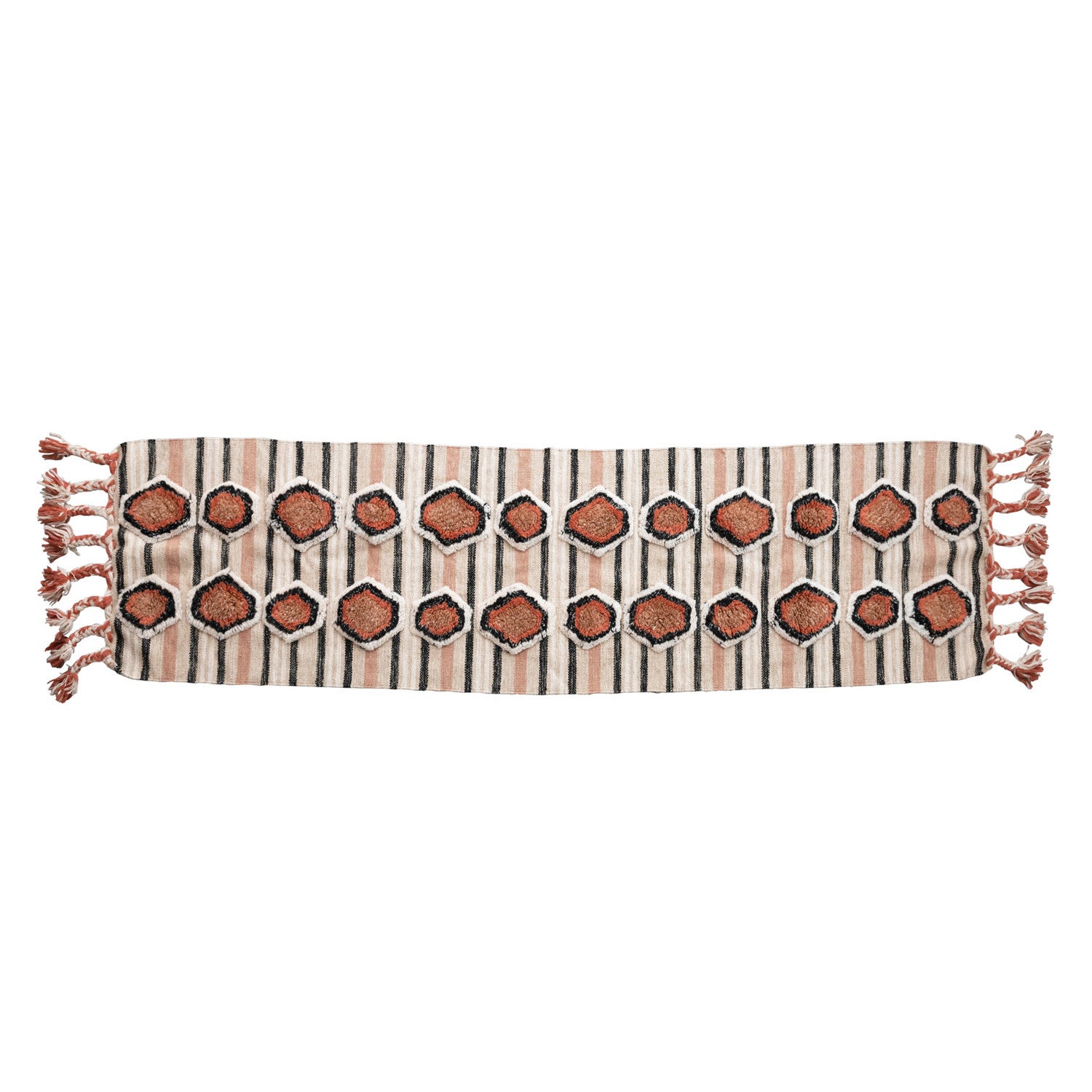 Scarf with geometric pattern and tassels on a white background