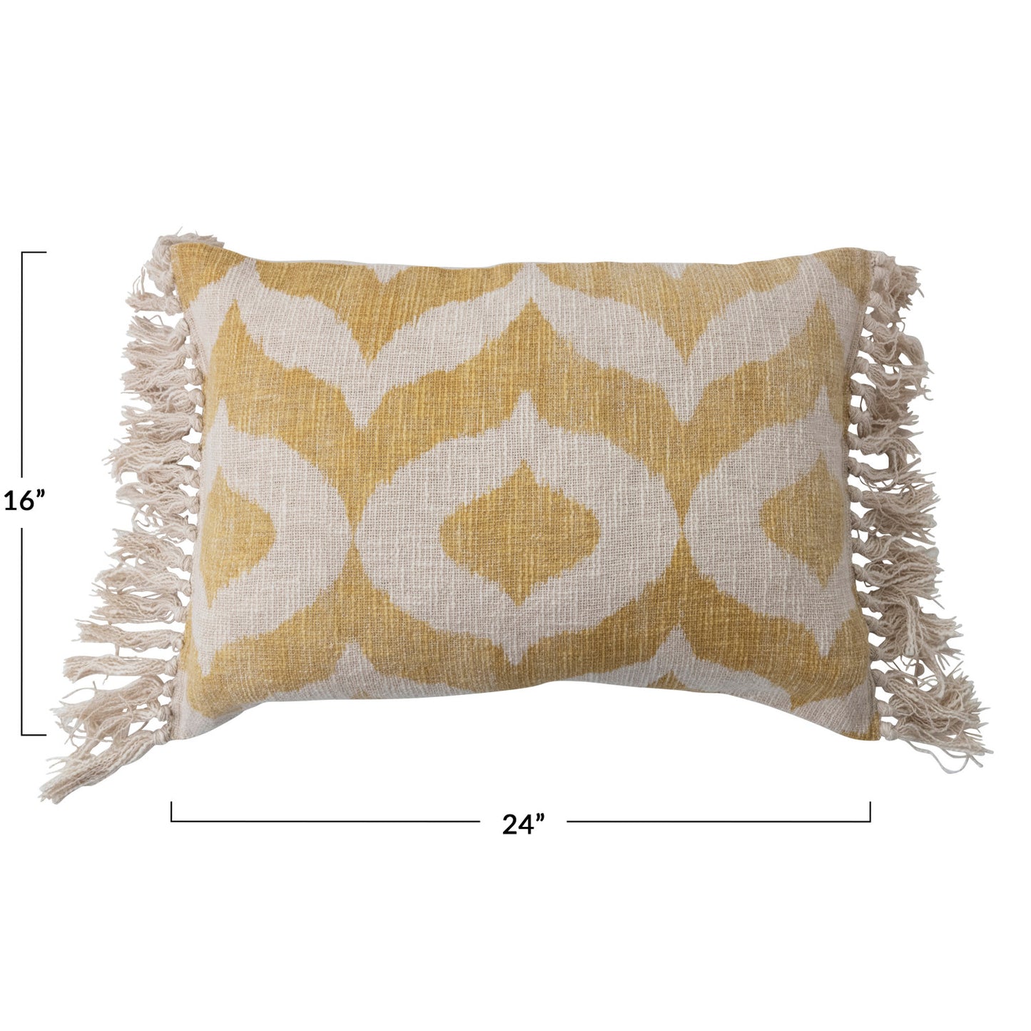 Yellow and white patterned pillow with tassels and measurements on a white background
