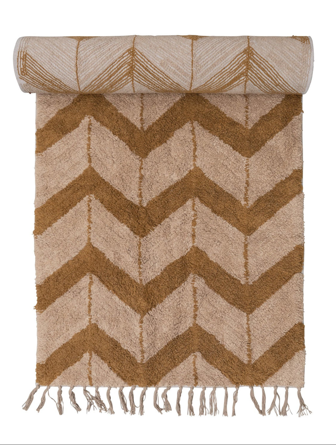 Chevron patterned rug with fringes on a white background
