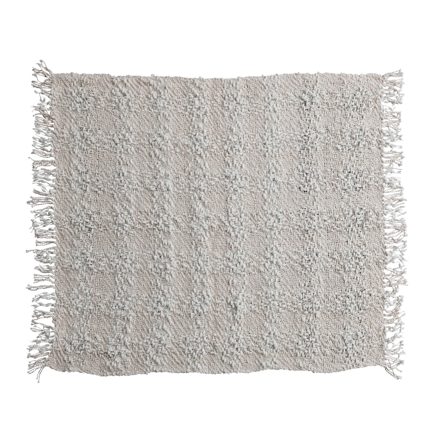 Textured gray pillow with fringes on a white background