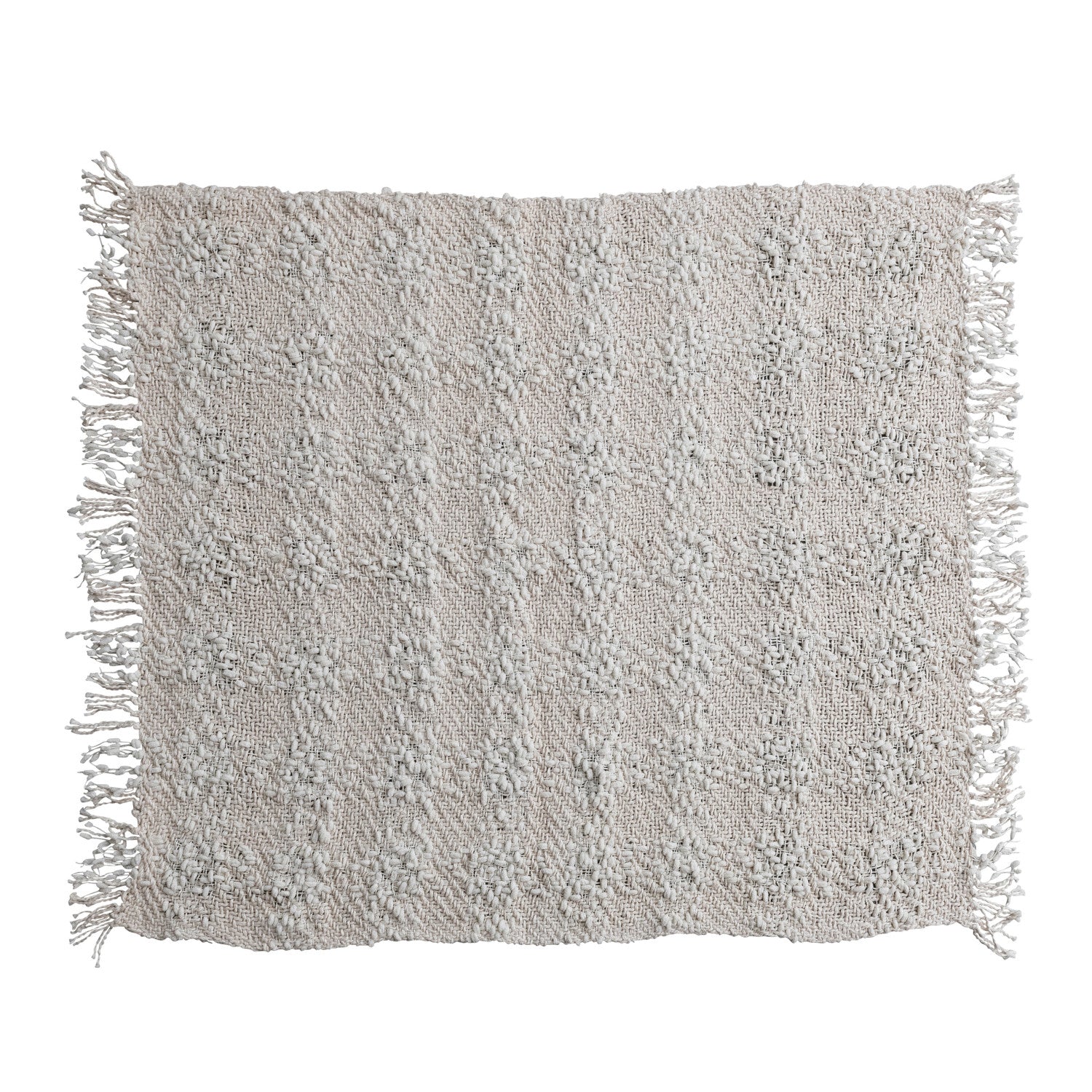 Textured gray pillow with fringes on a white background