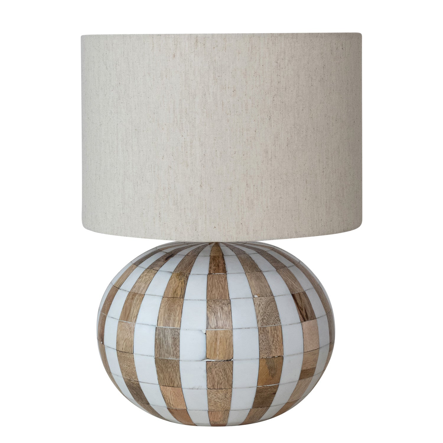 Table lamp with striped wooden base and beige fabric shade on a white background