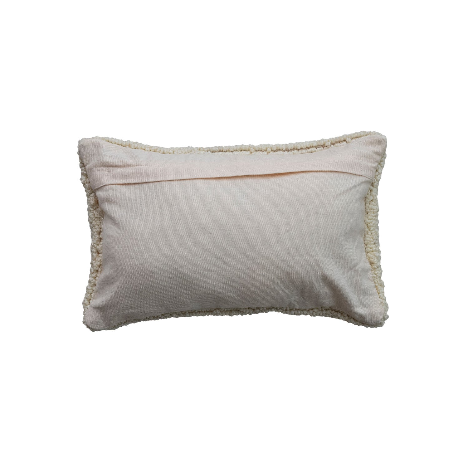 Beige pillow with decorative trim on a white background
