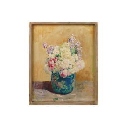 Wood Framed Glass Wall Decor with Flower Bouquet in Vase