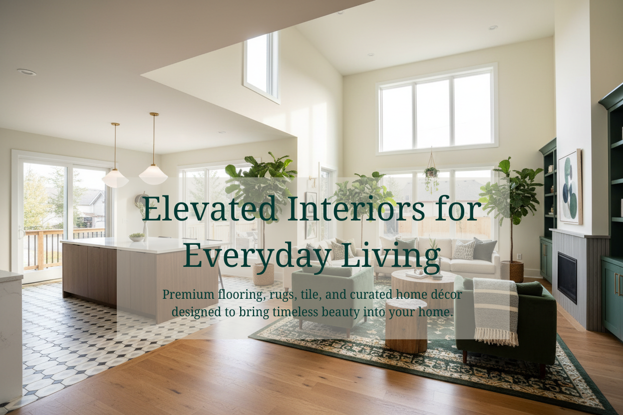 Modern living room with text overlay about elevated interiors for everyday living.