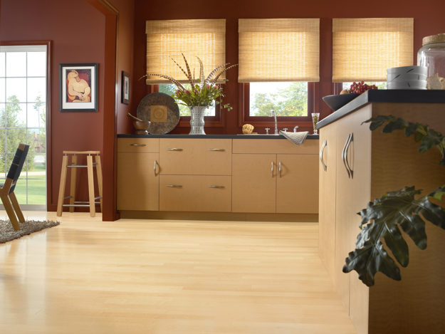 Modern kitchen with wooden cabinets, a countertop, and decorative elements.