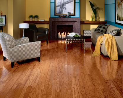 Living room with wooden floor, furniture, and decor