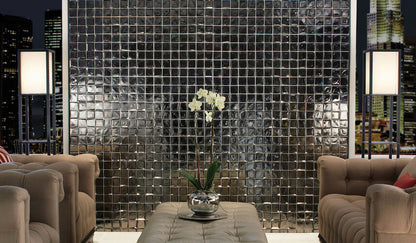 Modern living room with glass mosaic wall and cityscape view