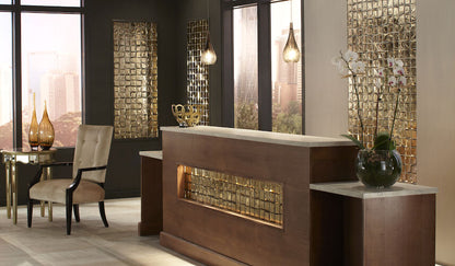 Modern interior design with a reception desk, chair, and decorative elements.