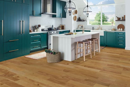 Modern kitchen with teal cabinets and wooden flooring